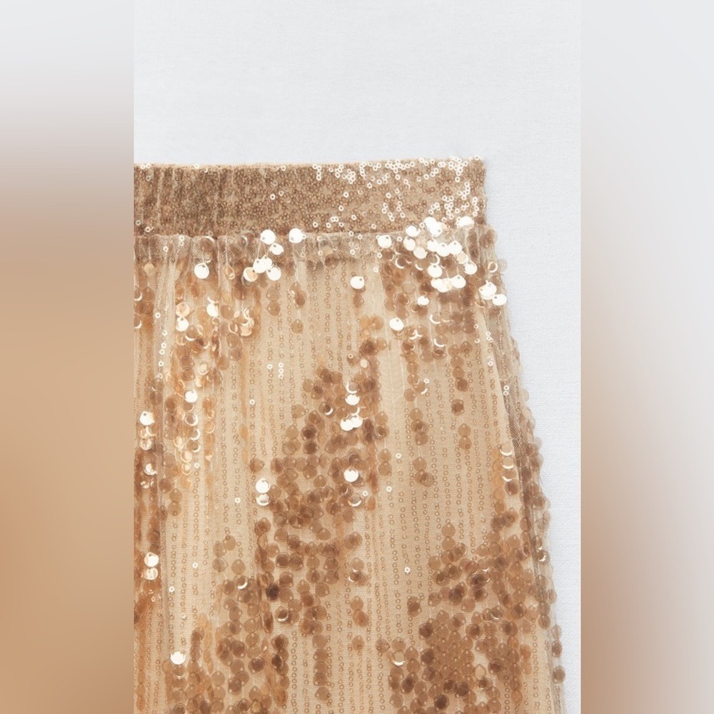 Zara New Gold High Waist Christmas‎ Long Sequin Skirt Size L A-Line Silhouette - Picture 5 of 14